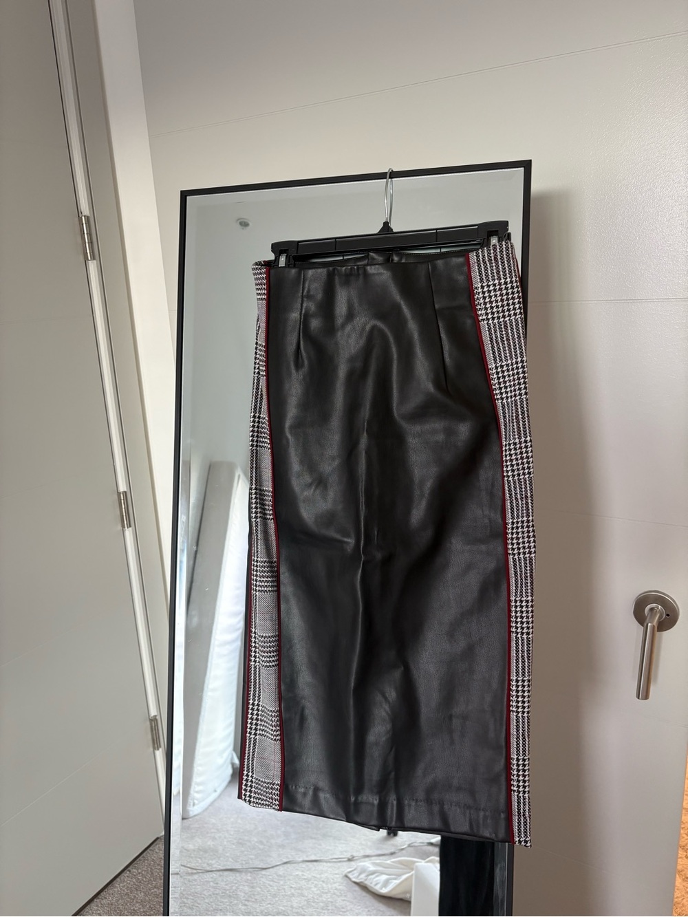 Faux Leather Pencil Skirt with Plaid Side Panels - Black